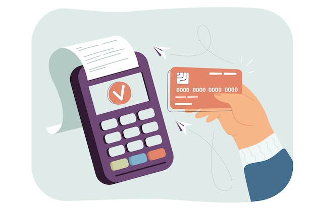 Hand holding debit or credit card near scanner of electronic terminal and making purchase. Smart transaction via digital machine flat vector illustration. Contactless payment, EMV, commerce concept