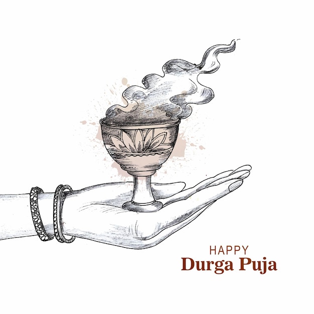 Hand holding durga puja dhunuchi with smoke sketch indian puja festival background