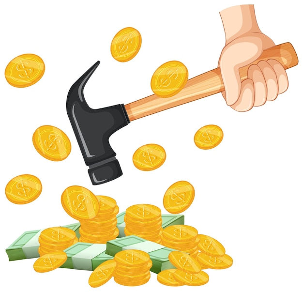 Hand holding hammer with pile of money