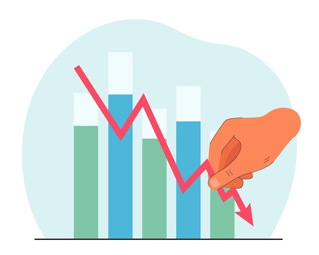 Free Vector hand holding lowing arrow in background of bar charts. reduced income flat vector illustration. reduction, recession concept for banner, website design or landing web page