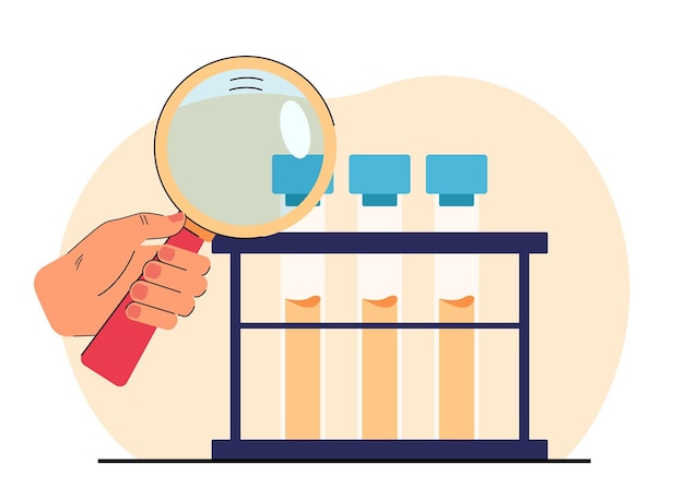 Free Vector hand holding magnifying glass and examining glass tubes. scientist doing scientific research in laboratory flat vector illustration. chemistry, science concept for banner or landing web page