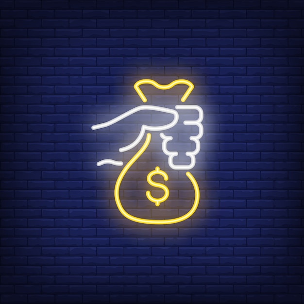 Hand holding money bag neon sign