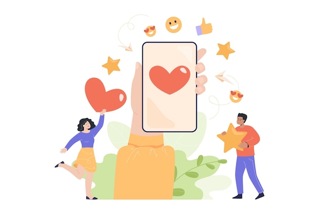 Hand holding phone with heart on screen flat vector illustration. People getting likes or feedback on social networks, sending messages, communicating with friends online. Online chat concept