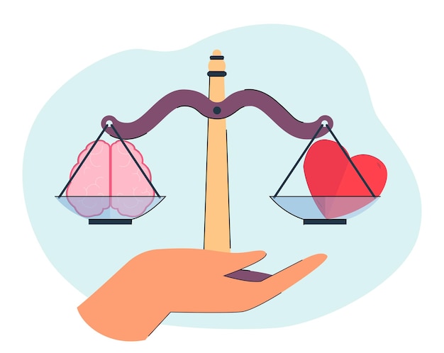 Hand holding scales with brain and heart. Person choosing logic and emotions between flat vector illustration. Comparison, choice, dilemma concept for banner, website design or landing web page