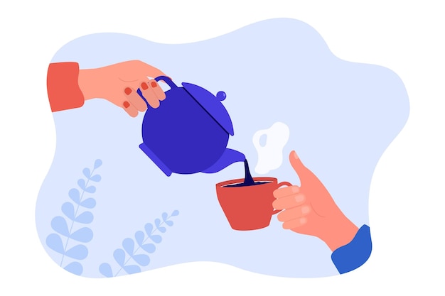 Hand holding teapot and pouring hot tea into cup. Male and female hands holding kettle and mug flat vector illustration. Communication, teatime concept for banner, website design or landing web page