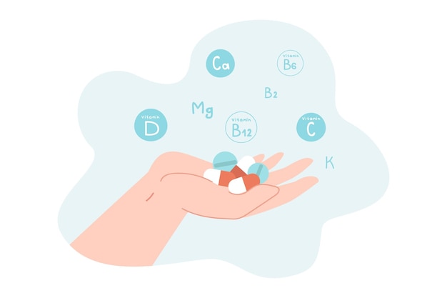 Hand holding vitamins flat vector illustration. Medications, pills, capsules, nutritional supplements in palm. Healthcare, treatment, nourishment, prescription concept