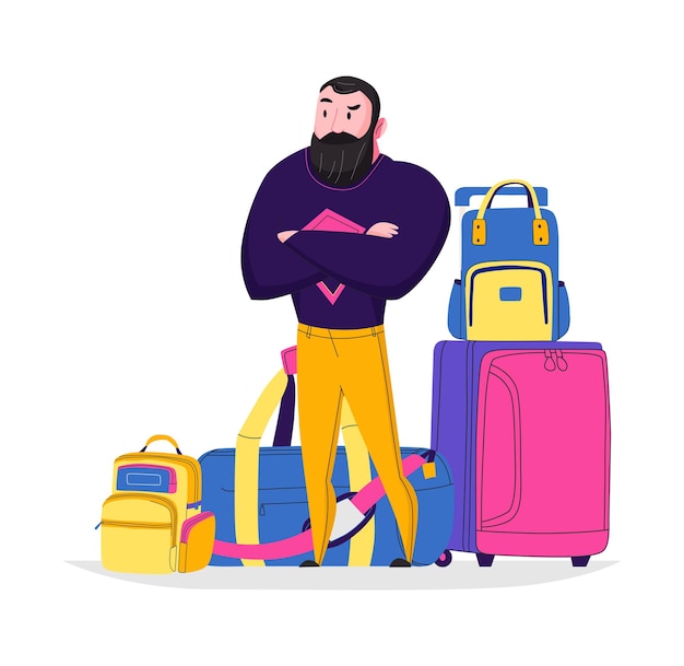 Free Vector hand luggage travel bags baggage composition with doodle character of man surrounded by suitcases vector illustration