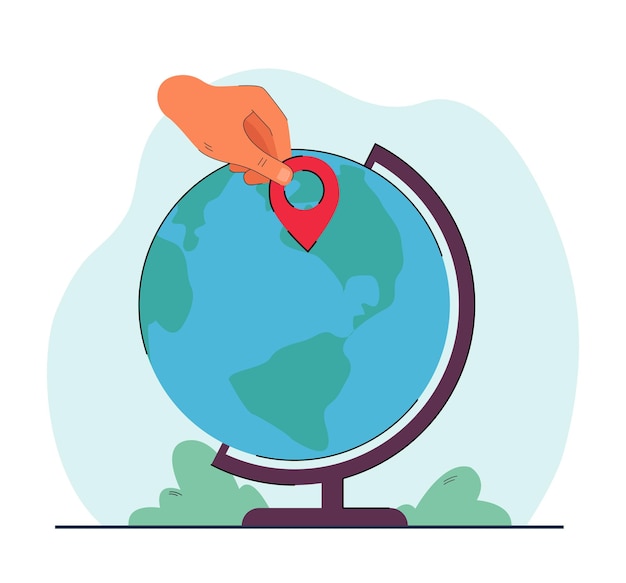 Hand marking location on globe with pin flat vector illustration. Person planning trip, travel or journey. Transportation concept for banner, website design or landing web page