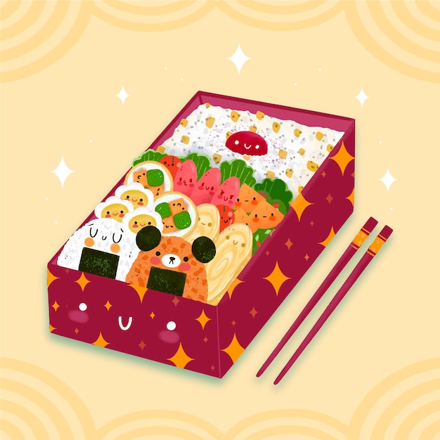 Hand painted bento box illustration