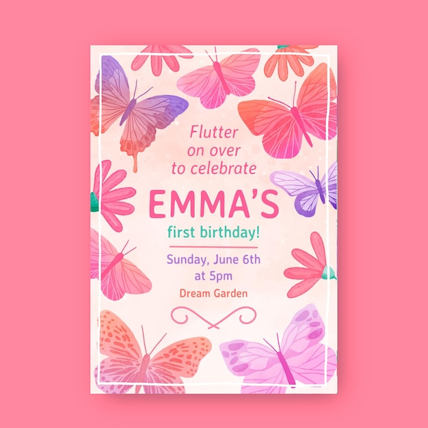 Hand painted butterfly birthday invitation