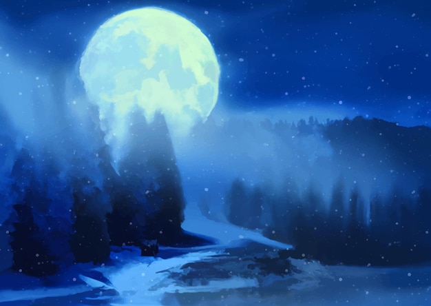 Free Vector hand painted christmas winter landscape with moonlit sky