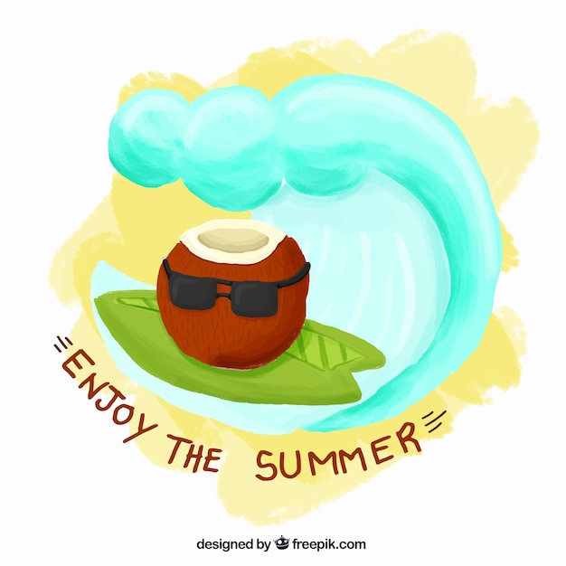 Hand painted coconut with sunglasses summer background