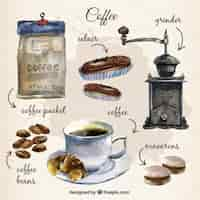 Free vector hand painted collection of coffee elements