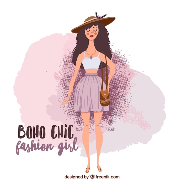 Free Vector hand painted cute fashion girl in boho style