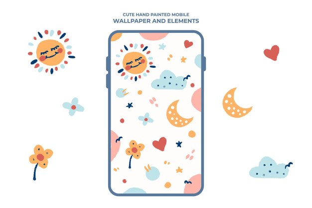 Hand painted cute mobile device wallpaper with sun and moon design