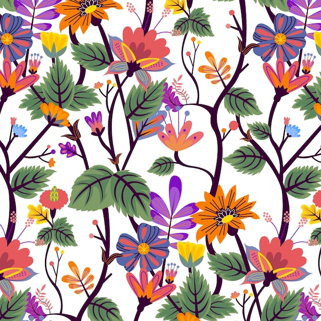 Hand painted exotic floral pattern with leaves