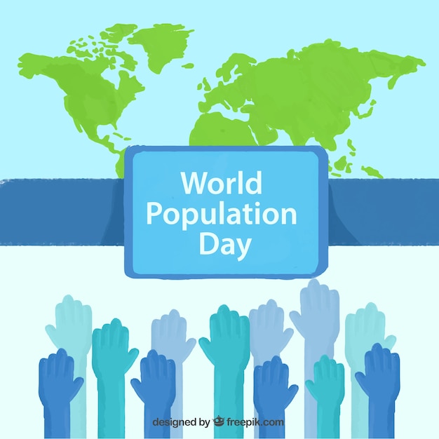 Free vector hand painted hands with map background of population day