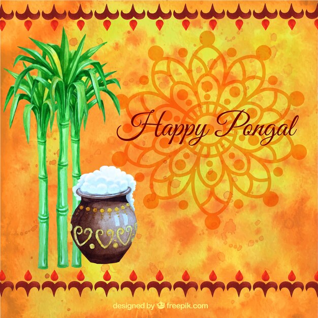 Hand painted Happy Pongal on orange background