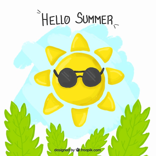 Free Vector hand painted sun with sunglasses and leaves background