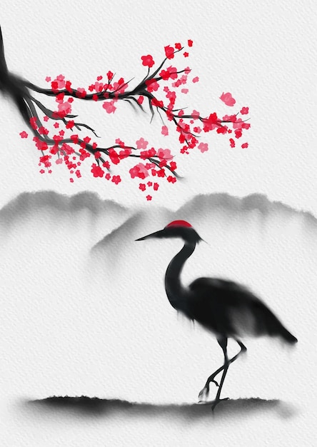 Free vector hand painted traditional japanese themed wall art with sakura and heron