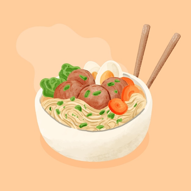 Free Vector hand painted watercolor bakso in a bowl