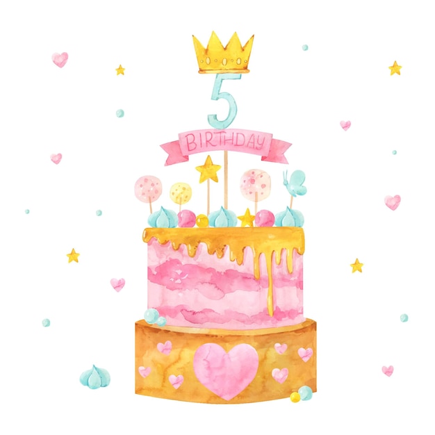 Free Vector hand painted watercolor birthday cake with topper