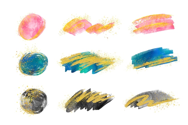 Free Vector hand painted watercolor brush strokes collection with gold and glitter