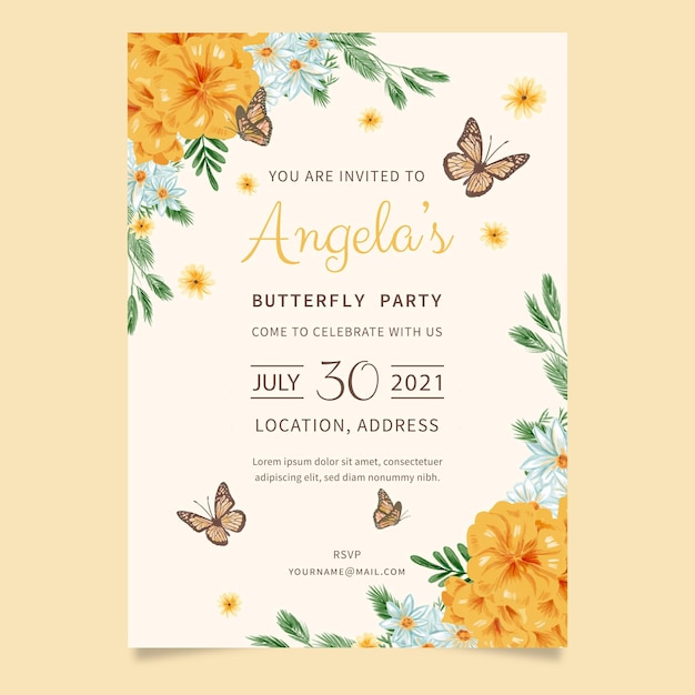 Free vector hand painted watercolor butterfly birthday invitation template