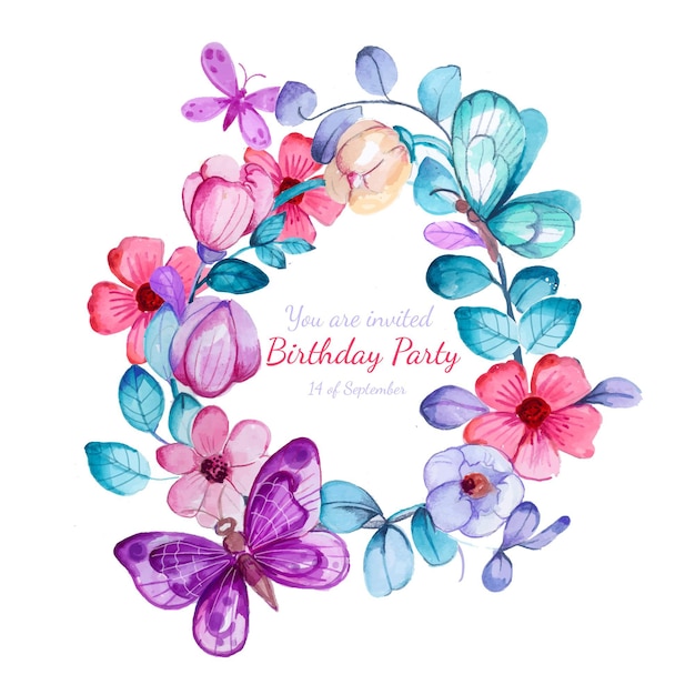 Hand painted watercolor butterfly birthday invitation template