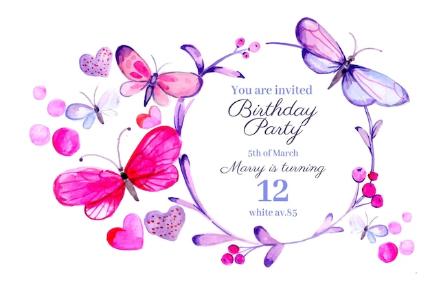 Hand painted watercolor butterfly birthday invitation template