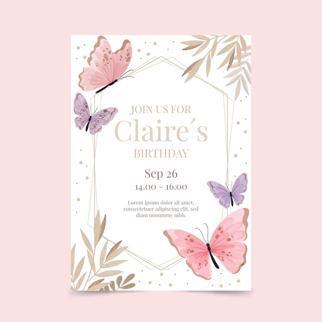 Hand painted watercolor butterfly birthday invitation template