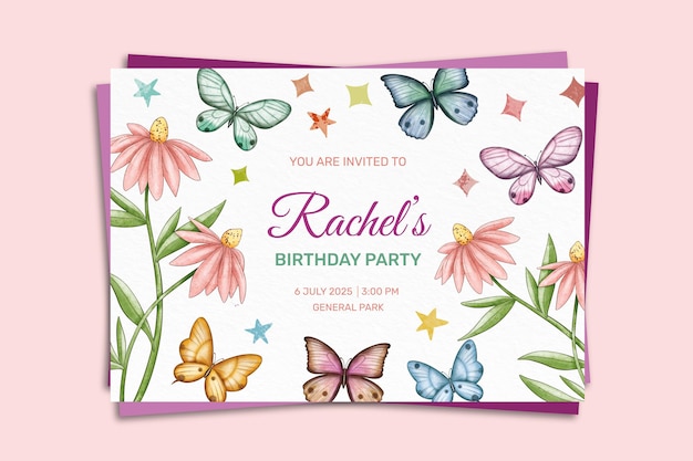 Free vector hand painted watercolor butterfly birthday invitation template