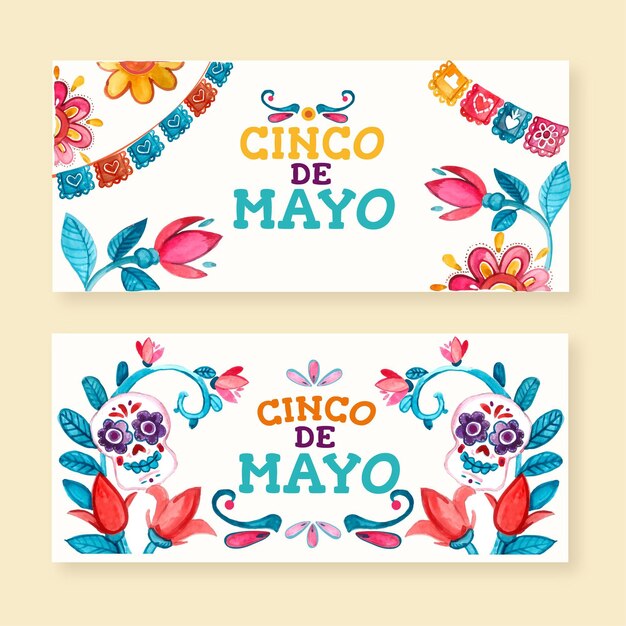 Hand painted watercolor cinco de mayo banners set