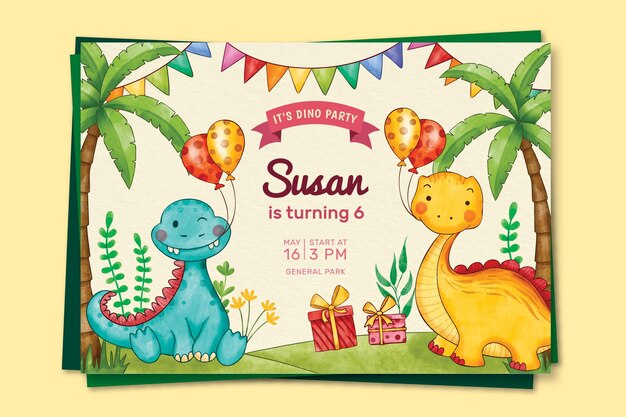 Hand painted watercolor dinosaur birthday invitation