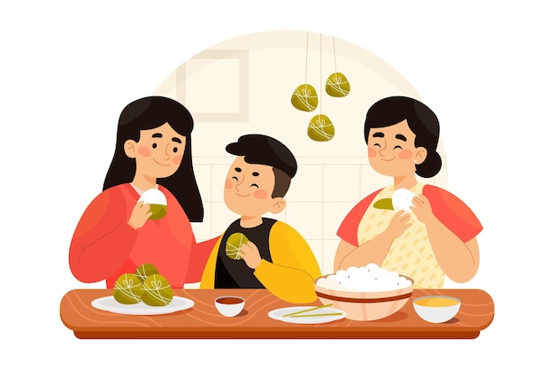 Hand painted watercolor dragon boat family preparing and eating zongzi illustration