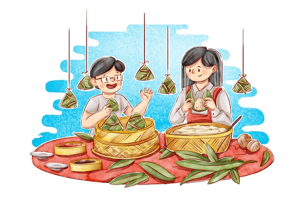 Free Vector hand painted watercolor dragon boat family preparing and eating zongzi illustration