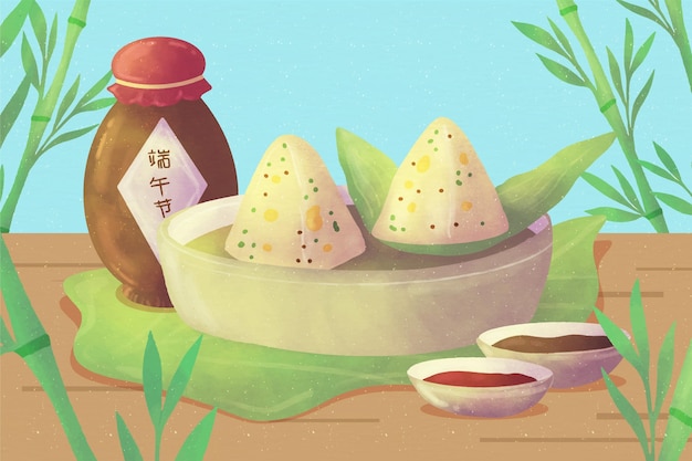 Free Vector hand painted watercolor dragon boat's zongzi background