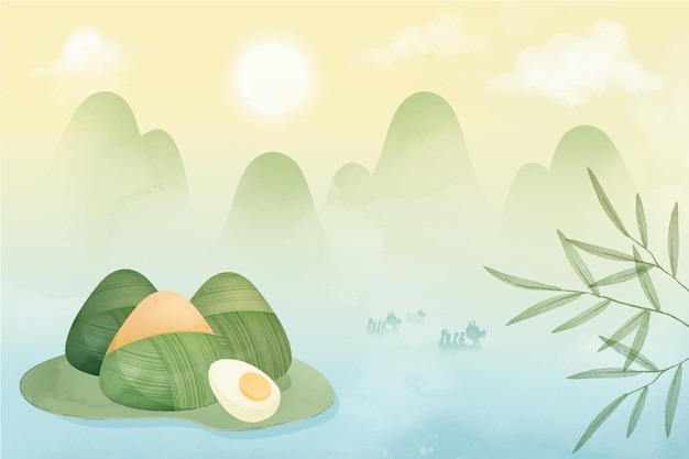 Hand painted watercolor dragon boat's zongzi background