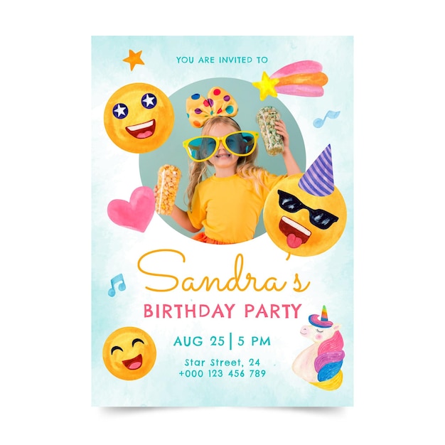 Free Vector hand painted watercolor emoji birthday invitation template with photo