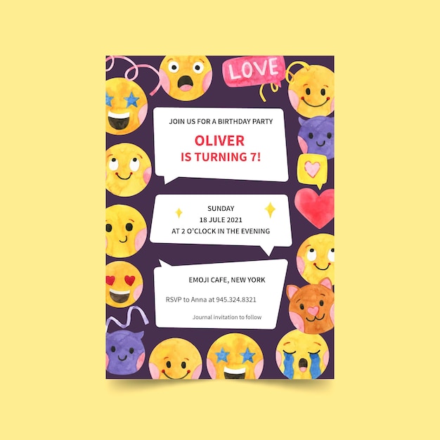 Free vector hand painted watercolor emoji birthday invitation template