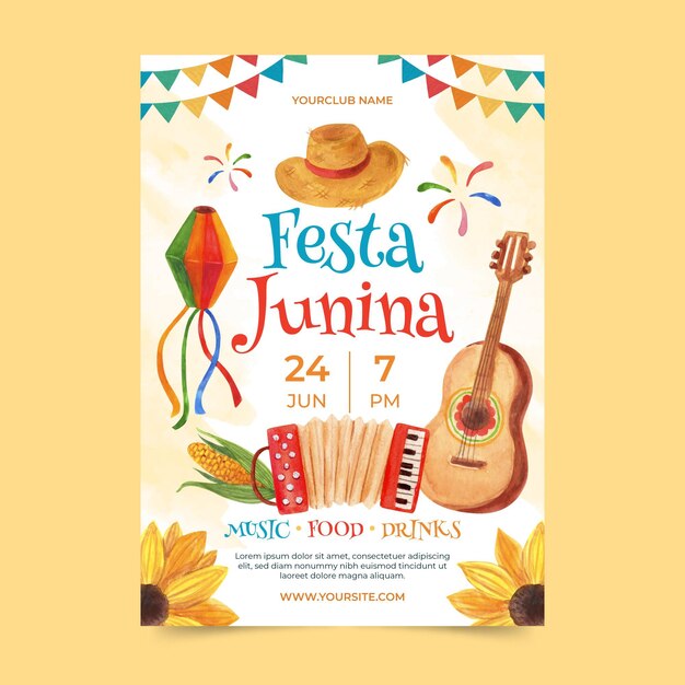 Hand painted watercolor festa junina vertical poster template