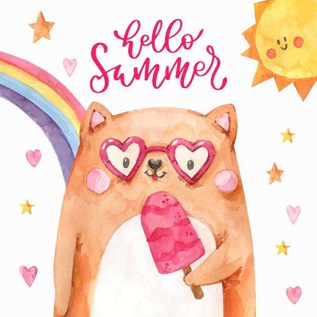 Hand painted watercolor hello summer illustration