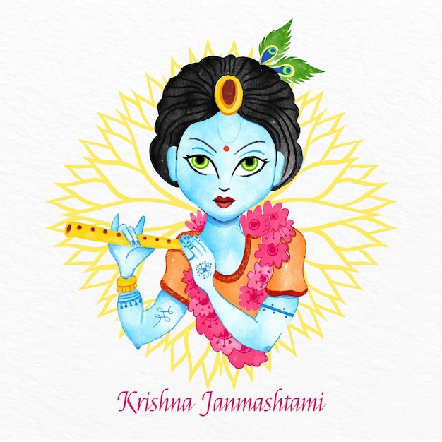 Hand painted watercolor krishna janmashtami illustration