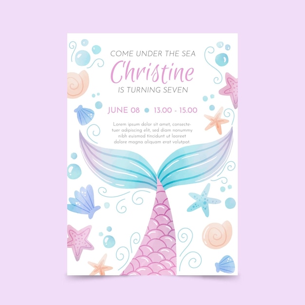 Free vector hand painted watercolor mermaid birthday invitation template