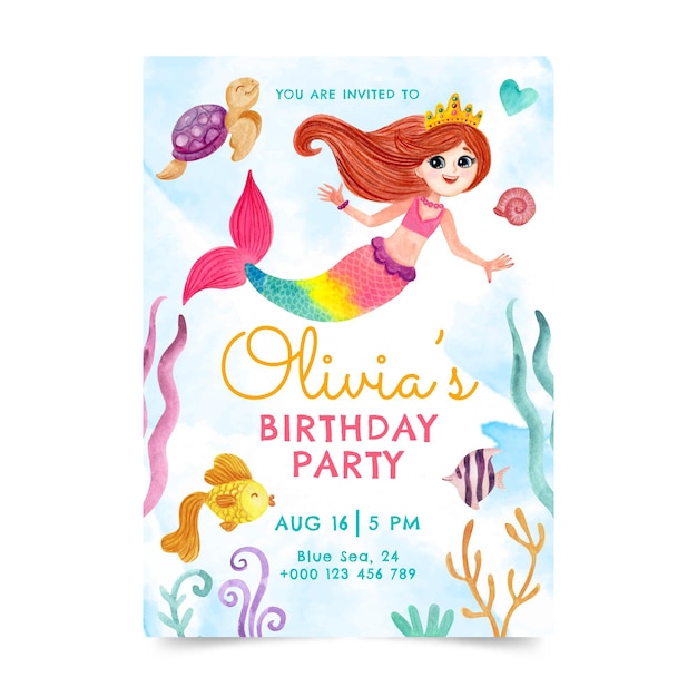 Hand painted watercolor mermaid birthday invitation template