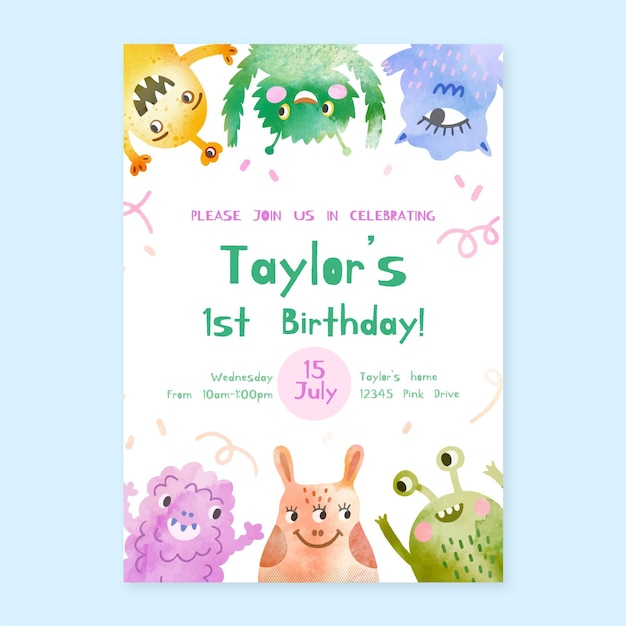 Free Vector hand painted watercolor monsters birthday invitation template