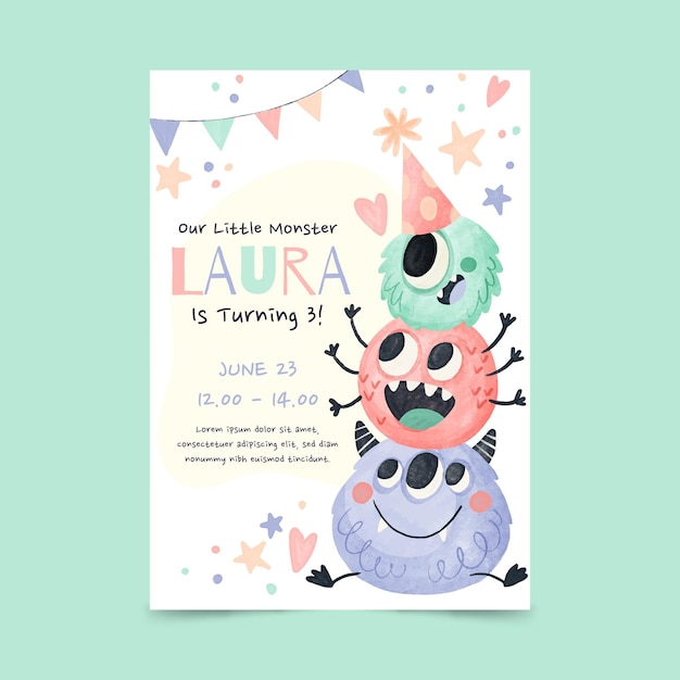 Free Vector hand painted watercolor monsters birthday invitation template