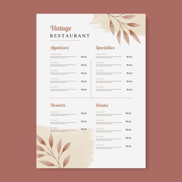 Hand painted watercolor rustic restaurant menu template