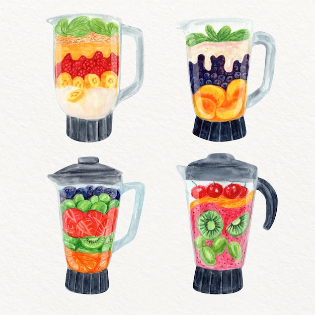 Free Vector hand painted watercolor smoothies in blender glass illustration