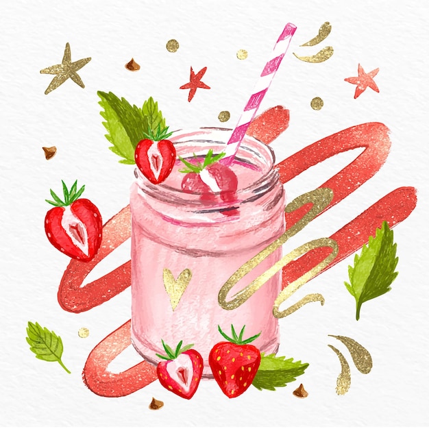 Hand painted watercolor smoothies in blender glass illustration